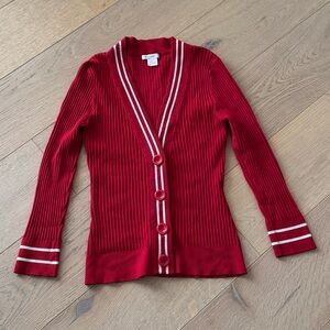 By Artisan Red Ribbed Silk Cardigan with White Trim Large